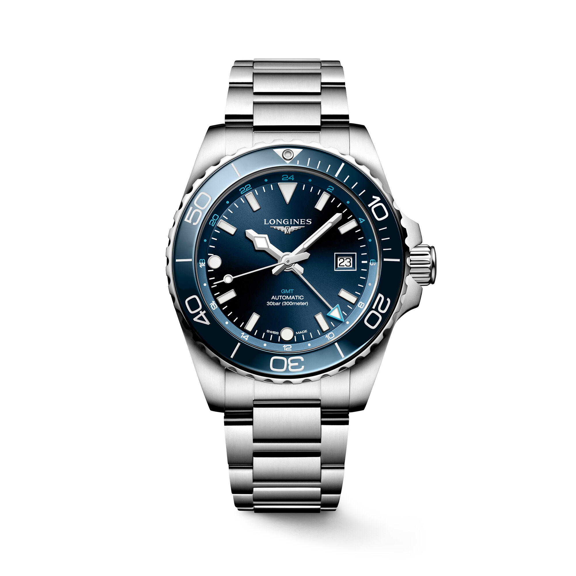 Longines HYDROCONQUEST GMT automatic stainless steel and ceramic bezel Sunray blue Dial bracelet Watch